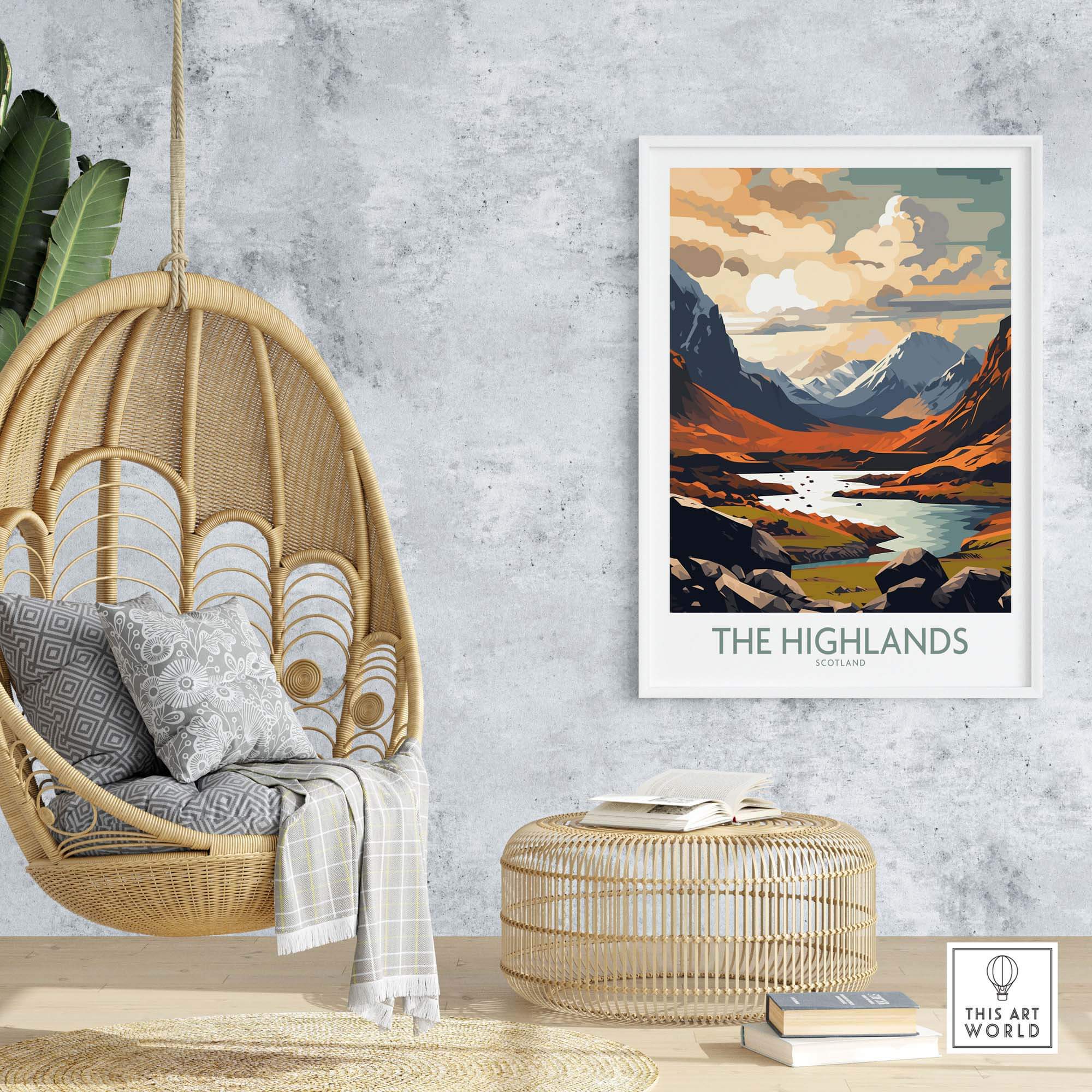 Modern wall art of Scotland's Highlands in a cozy living space with a hanging chair and natural decor.