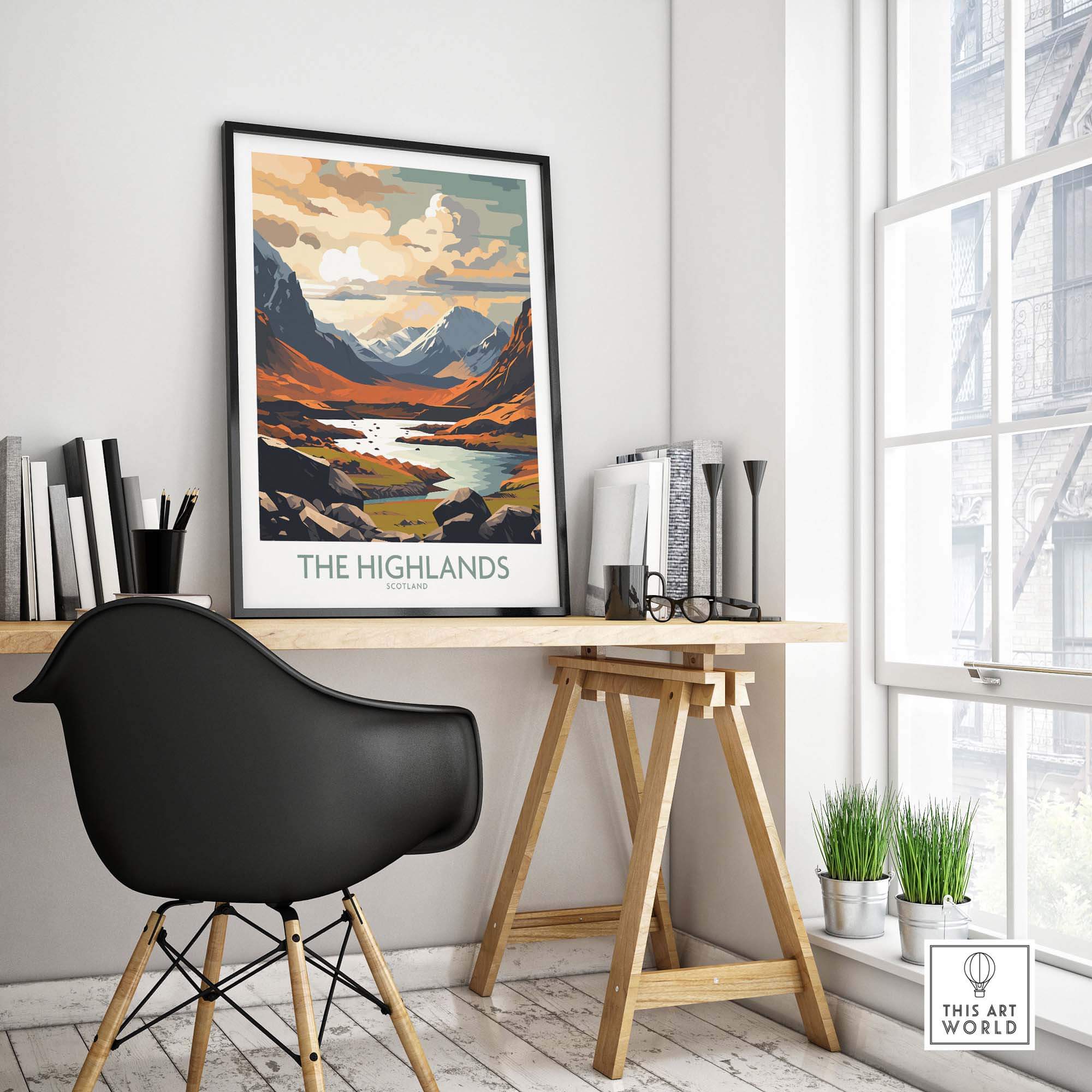 Modern Highlands wall art print showcasing vibrant Scottish landscapes in a stylish workspace.