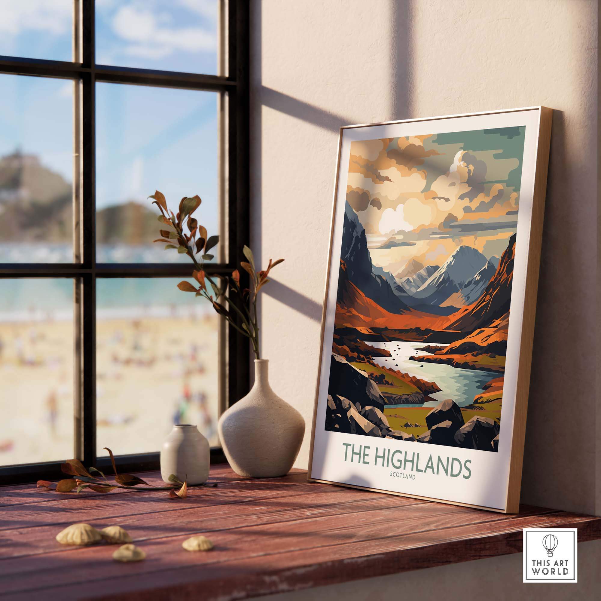 Framed Highlands wall art displaying Scotland's beautiful scenery, perfect for modern home decor.