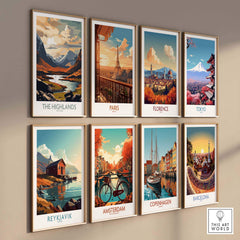Colorful wall art showcasing global cities including The Highlands, Paris, Florence, Tokyo, Reykjavik, Amsterdam, Copenhagen, Barcelona.