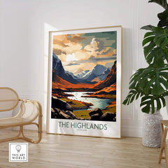 Modern wall art featuring Scotland's Highlands with vibrant colors and stunning scenery, perfect for home decor.