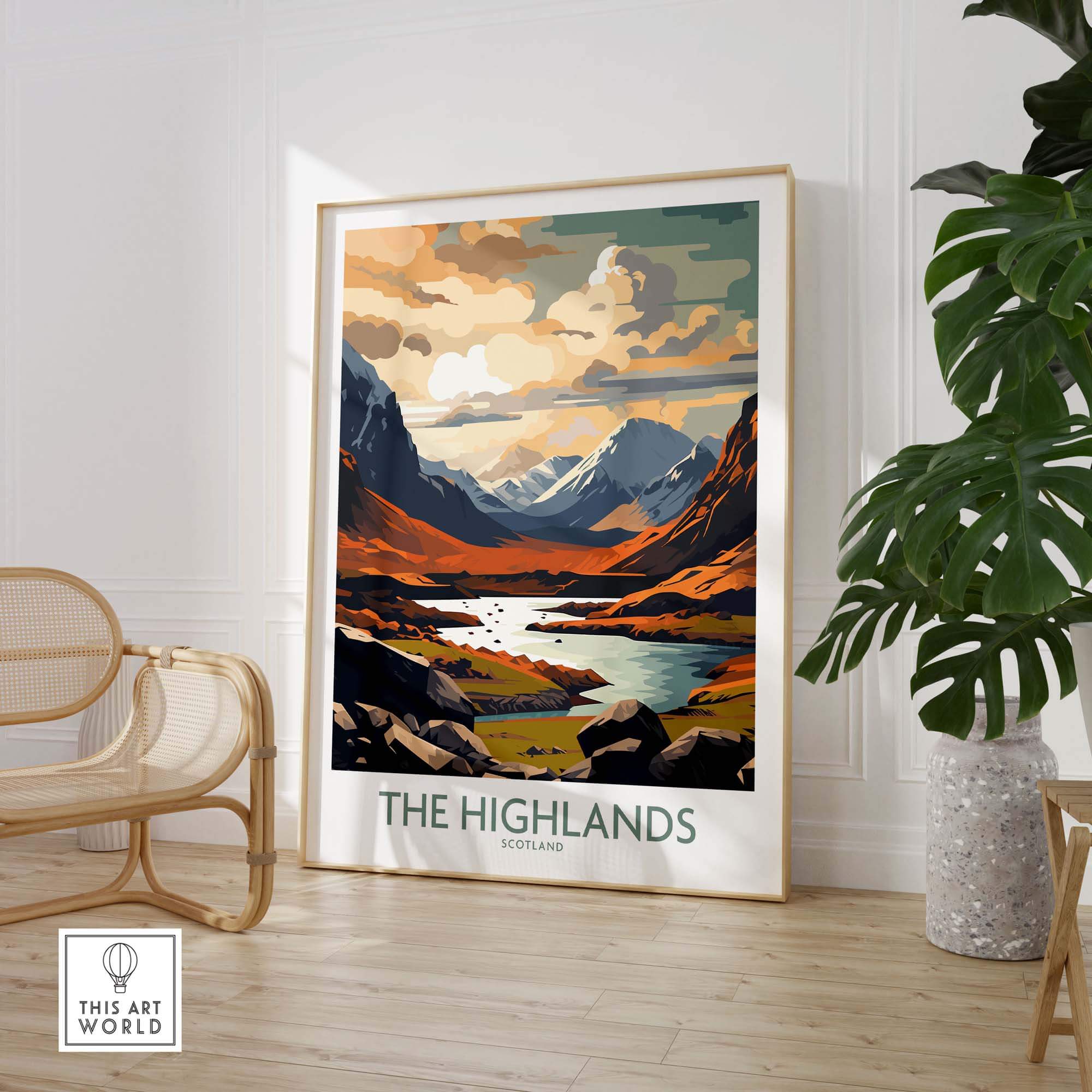 Modern wall art featuring Scotland's Highlands with vibrant colors and stunning scenery, perfect for home decor.