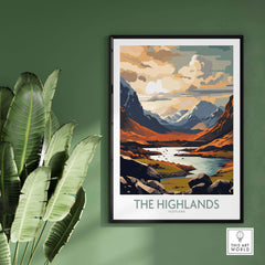 The Highlands wall art print showcasing Scotland's stunning landscape in modern style with vibrant colors.