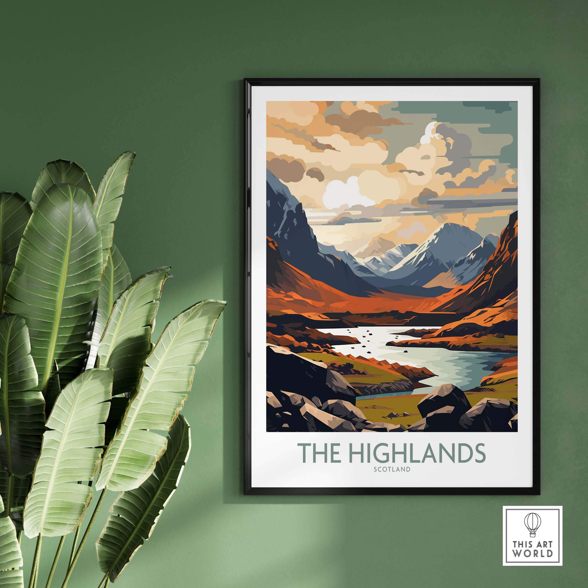 The Highlands wall art print showcasing Scotland's stunning landscape in modern style with vibrant colors.
