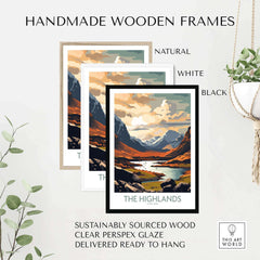Handmade wooden frames in natural, white, and black for The Highlands wall art, ready to hang and sustainably sourced.