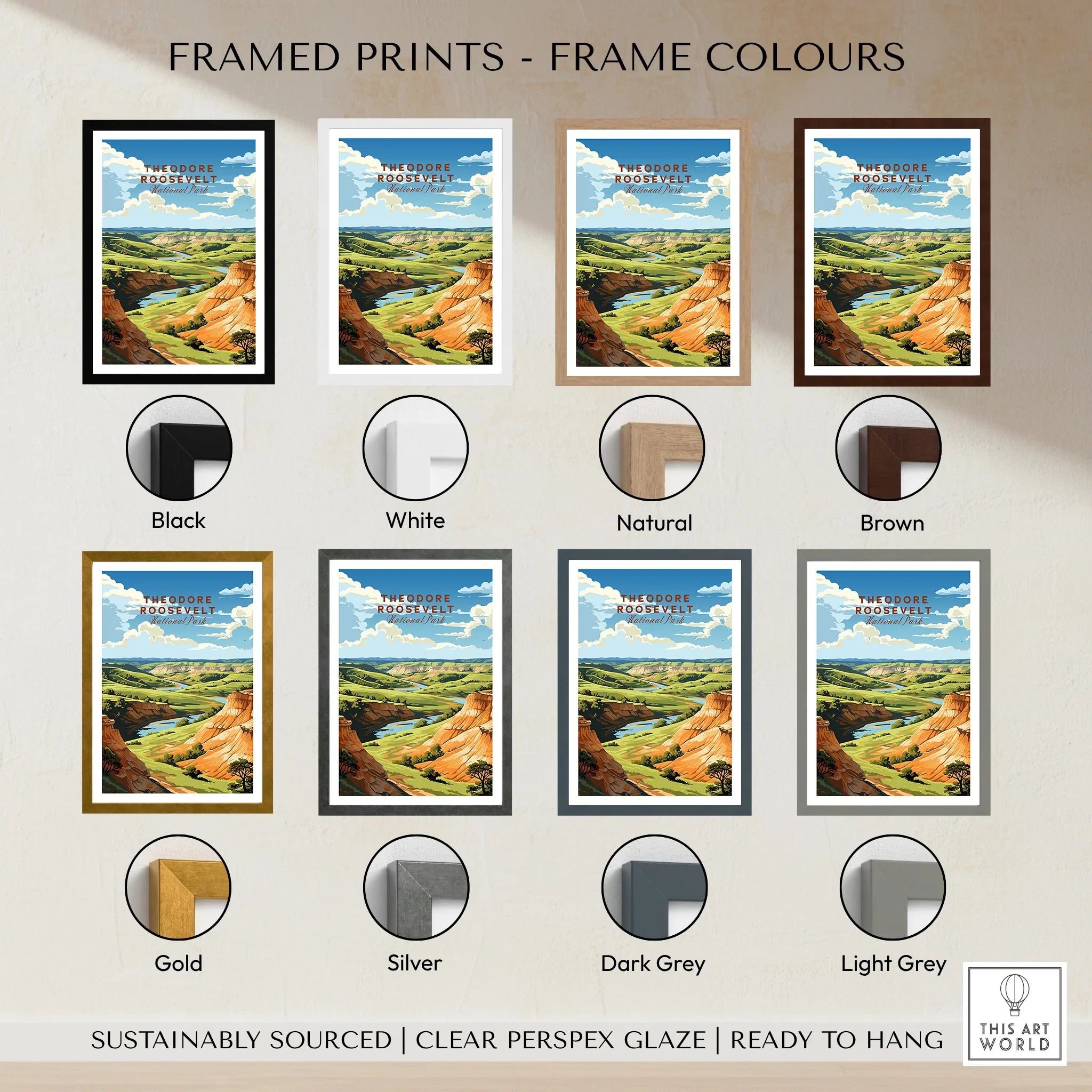 Theodore Roosevelt National Park print in eight frame color options, travel wall art