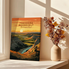 Theodore Roosevelt National Park canvas print in sunlight beside vase of dried flowers on windowsill