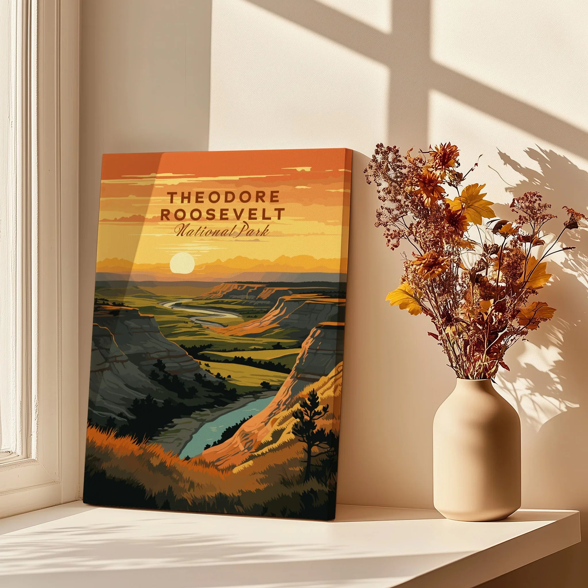 Theodore Roosevelt National Park canvas print in sunlight beside vase of dried flowers on windowsill