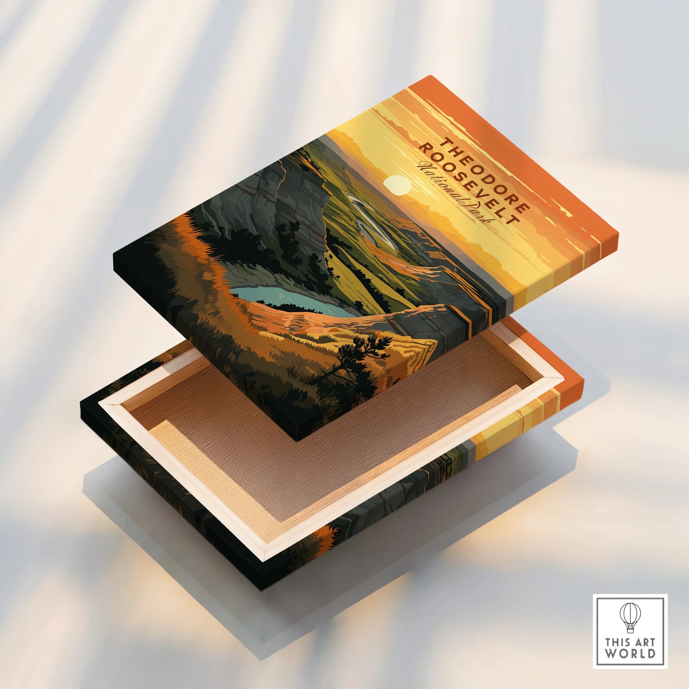 Theodore Roosevelt National Park art print on a floating canvas box, sunset landscape design.
