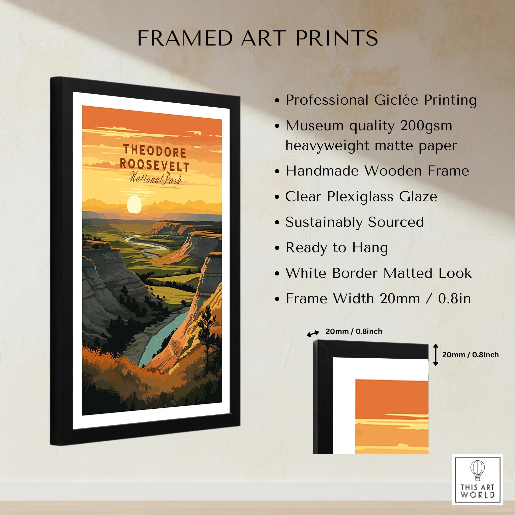 Framed Theodore Roosevelt National Park art print with sunset landscape and product details