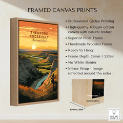 Framed canvas print of Theodore Roosevelt National Park landscape at sunset, float frame details shown.