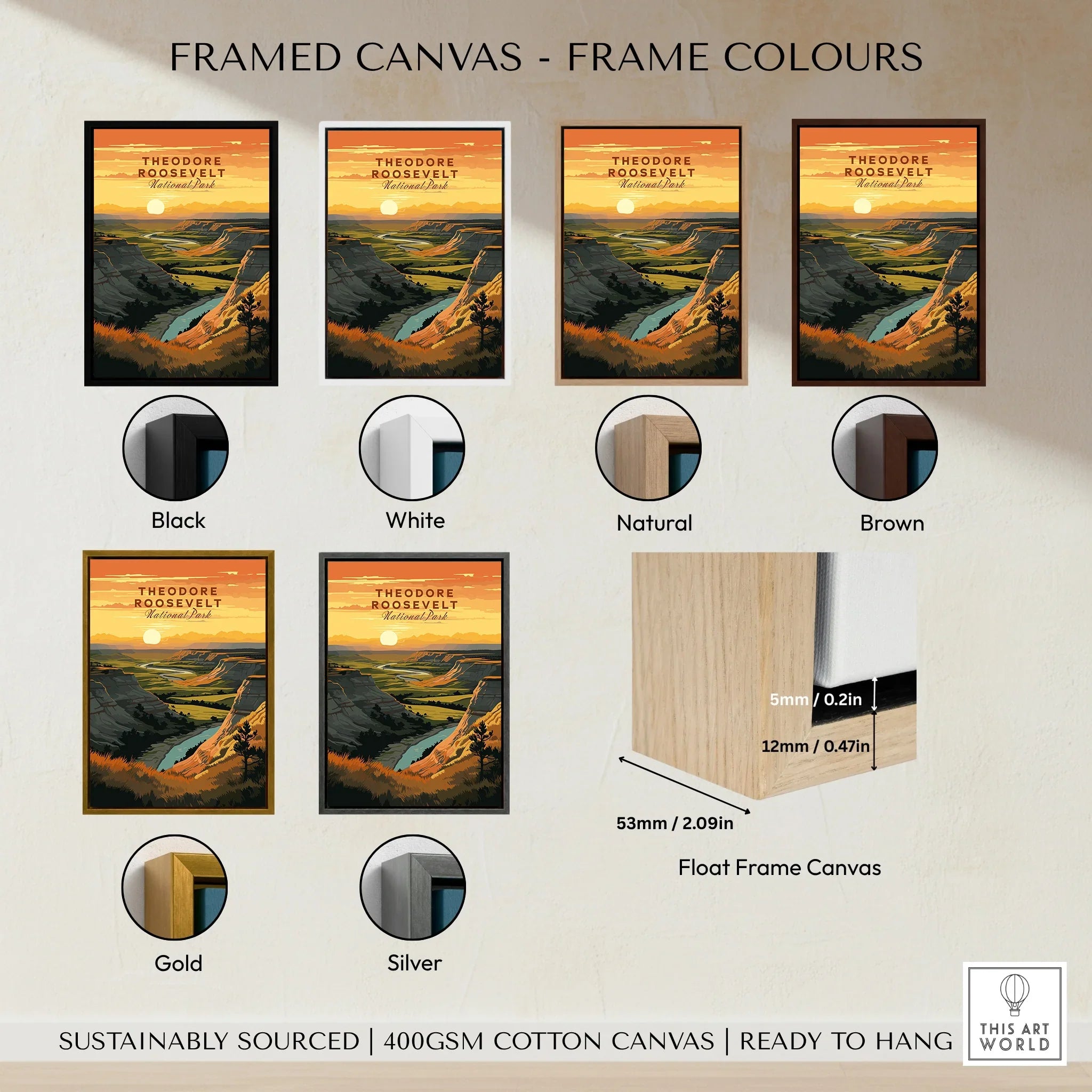 Theodore Roosevelt National Park framed canvas wall art in six frame colors: black, white, natural, brown, gold, silver.