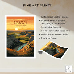 Theodore Roosevelt National Park art print with sunset landscape, river, and canyon.