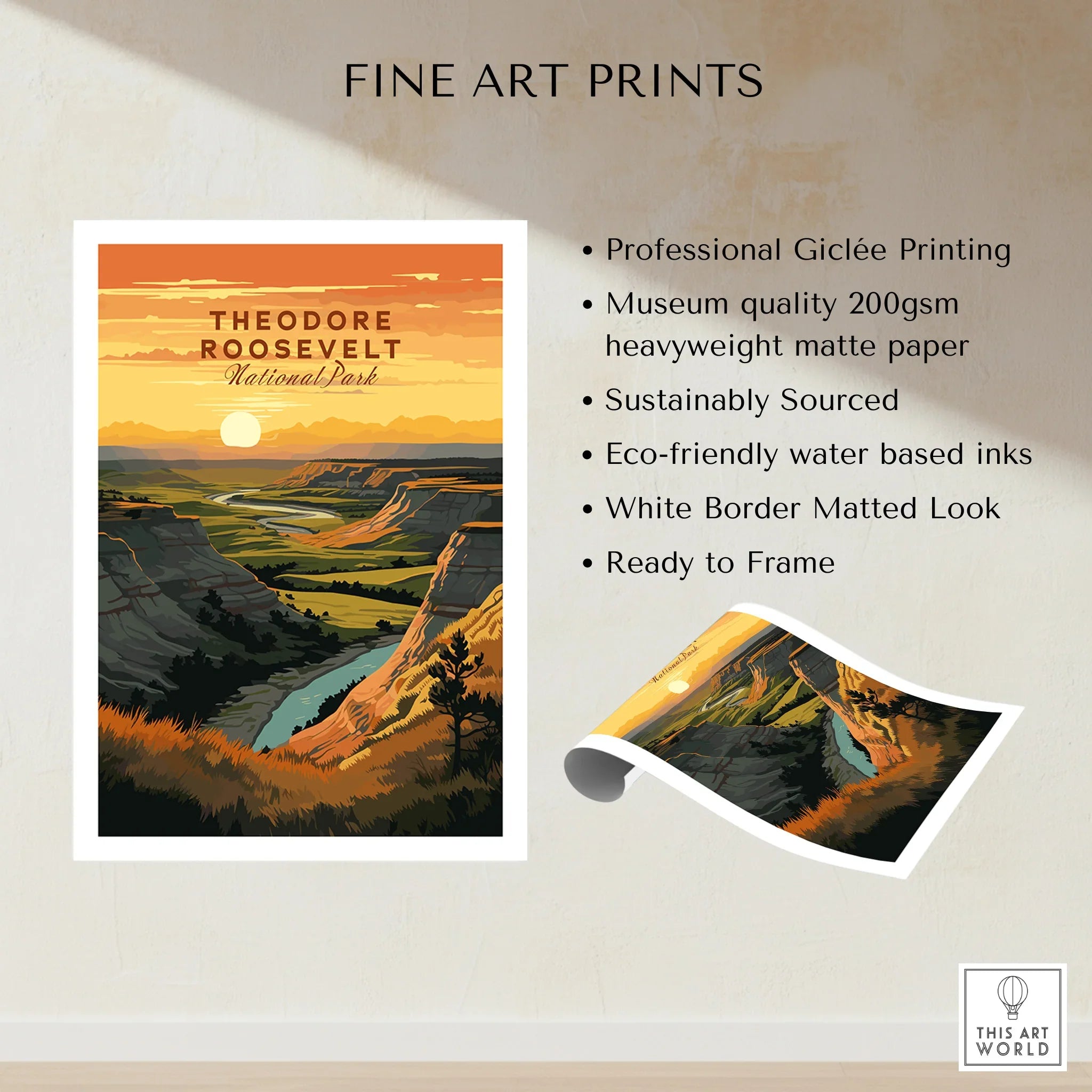 Theodore Roosevelt National Park art print with sunset landscape, river, and canyon.