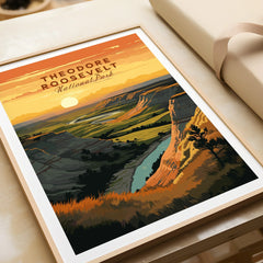 Theodore Roosevelt National Park art print with colorful landscape in a natural wood frame