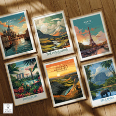 Set of six framed travel posters featuring Venice, Paris, Singapore, Sri Lanka, the Highlands, and a national park, arranged on a wooden floor.