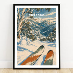 Thredbo Australia Valley Travel Poster — art print in black frame on wooden floor