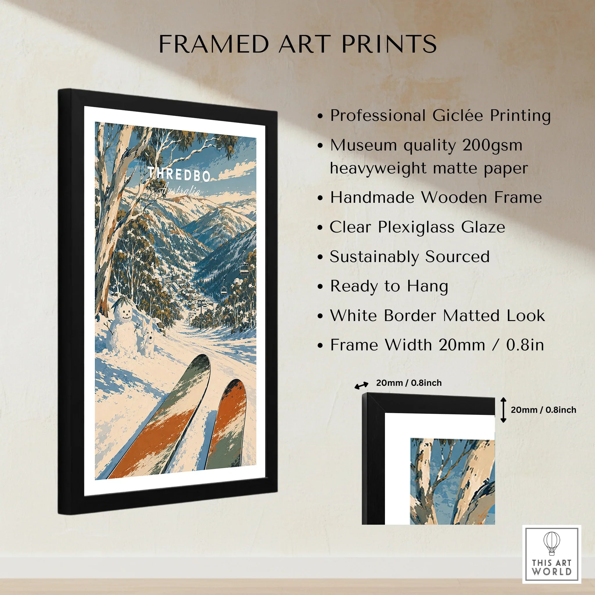 Thredbo Australia Valley Travel Poster — framed print details measurements quality details