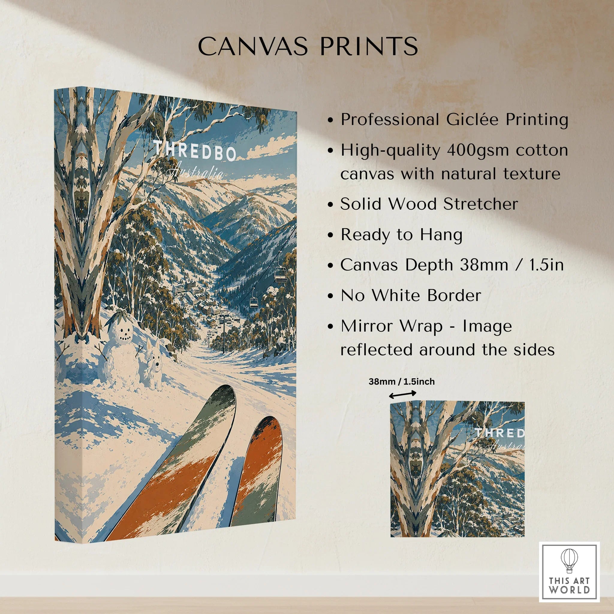Thredbo Australia Valley Travel Poster — canvas print stretched cotton canvas details