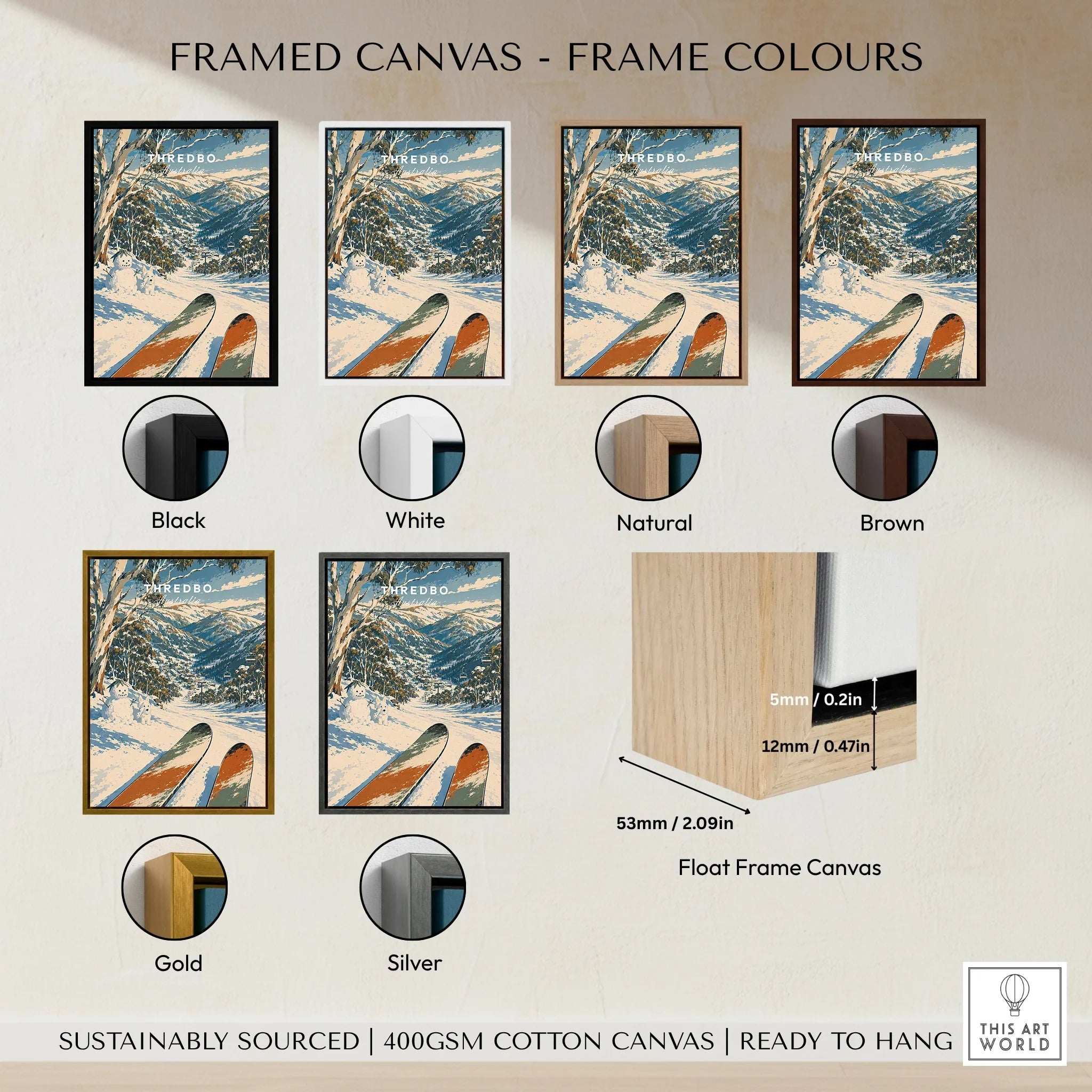 Thredbo Australia Valley Travel Poster — framed canvas float frame colour options