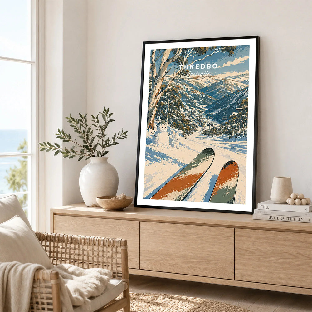 Thredbo Australia Valley Travel Poster — framed artwork living room lifestyle setting