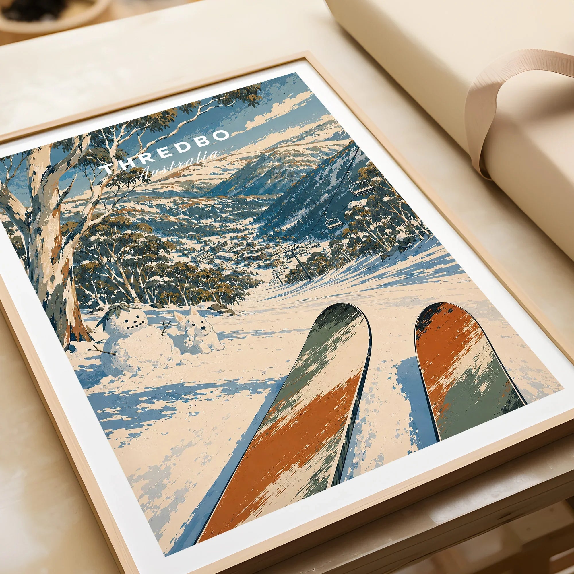 Thredbo Australia Valley Travel Poster — framed art print closeup gift unwrapped natural frame