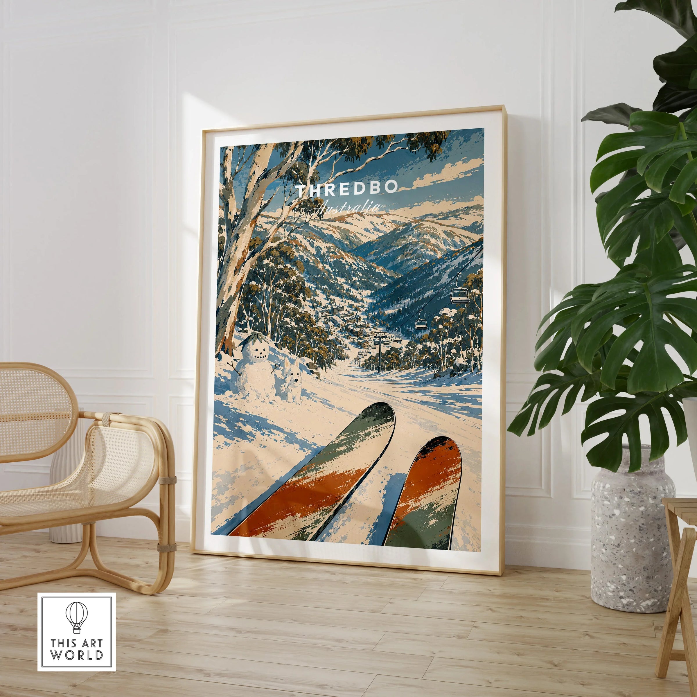 Thredbo Australia Valley Travel Poster — large framed print room setting chair plant