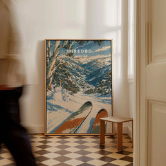 Thredbo Australia Valley Travel Poster — framed canvas on floor man walking past