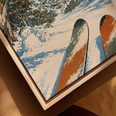 Thredbo Australia Valley Travel Poster — closeup framed canvas natural wood floating frame