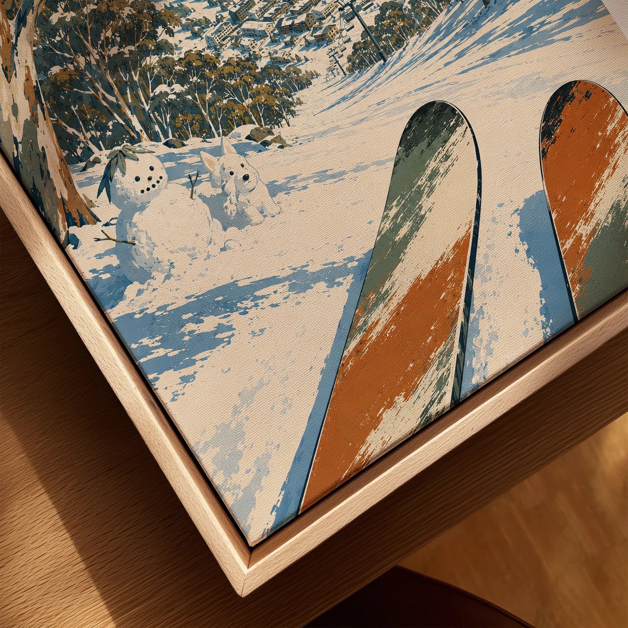 Thredbo Australia Valley Travel Poster — closeup framed canvas natural wood floating frame