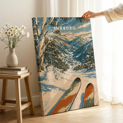 Thredbo Australia Valley Travel Poster — canvas print mirror edge hand holding room setting