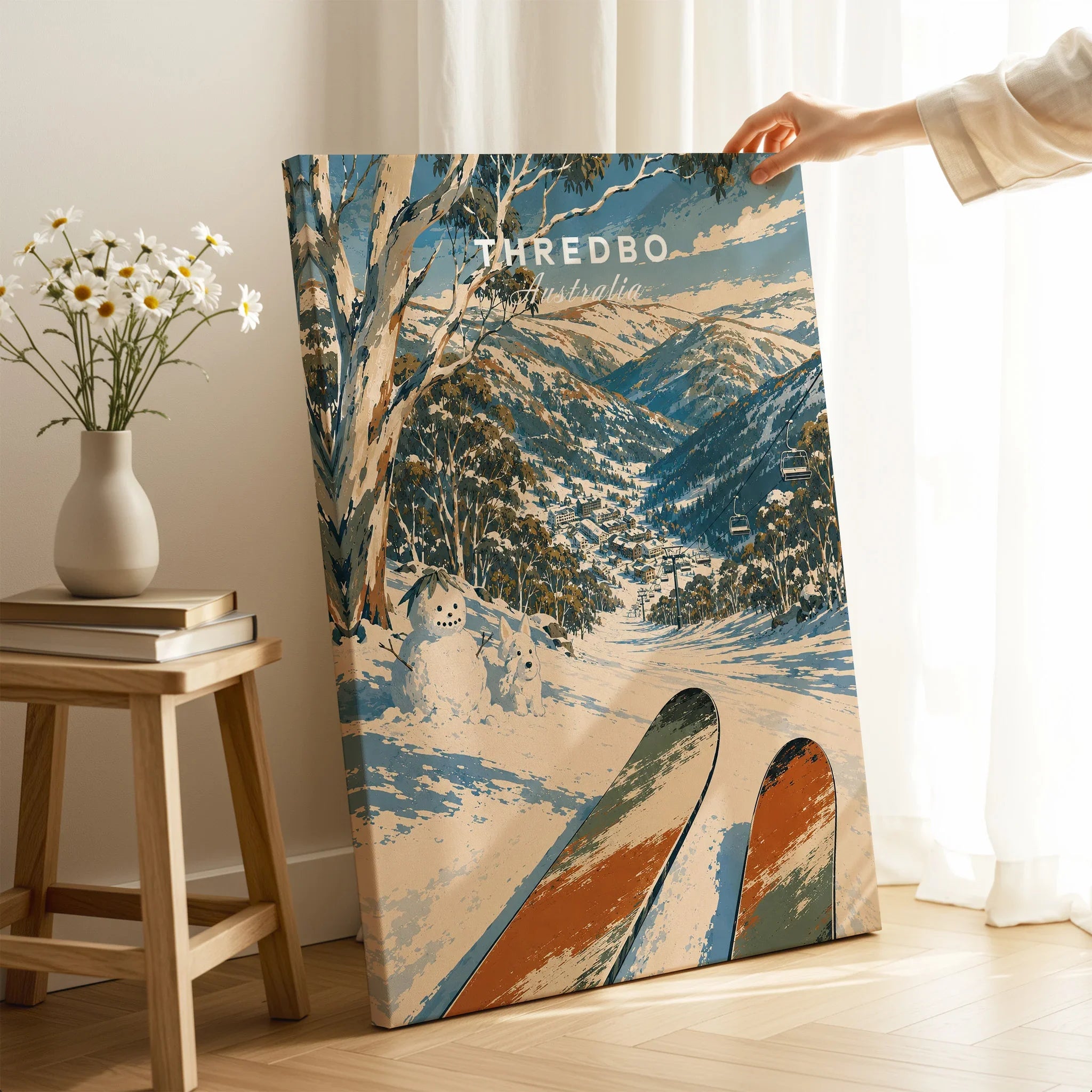 Thredbo Australia Valley Travel Poster — canvas print mirror edge hand holding room setting