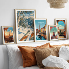 Thredbo Australia Valley Travel Poster — set five framed artprints above bed natural wood frames