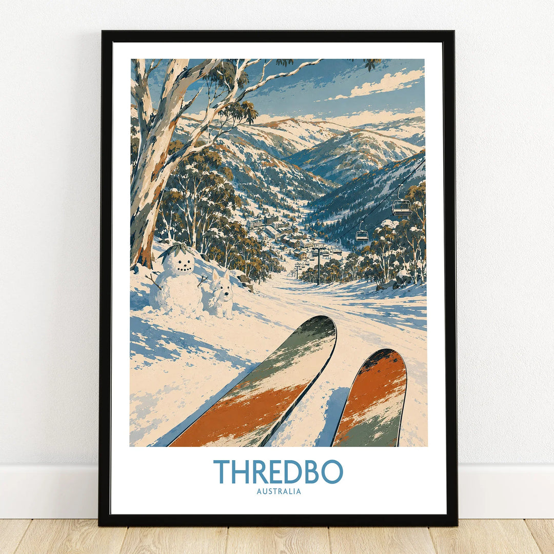 Thredbo Australia Village Wall Art — art print in black frame on wooden floor