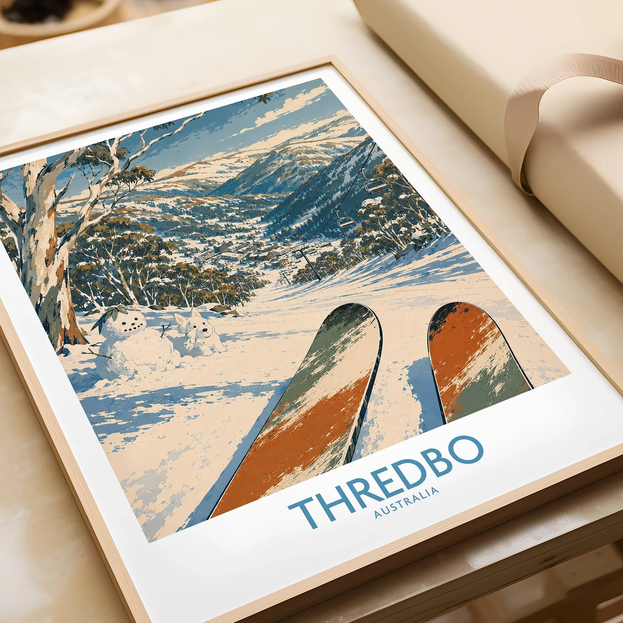 Thredbo Australia Village Wall Art — framed art print closeup gift unwrapped natural frame
