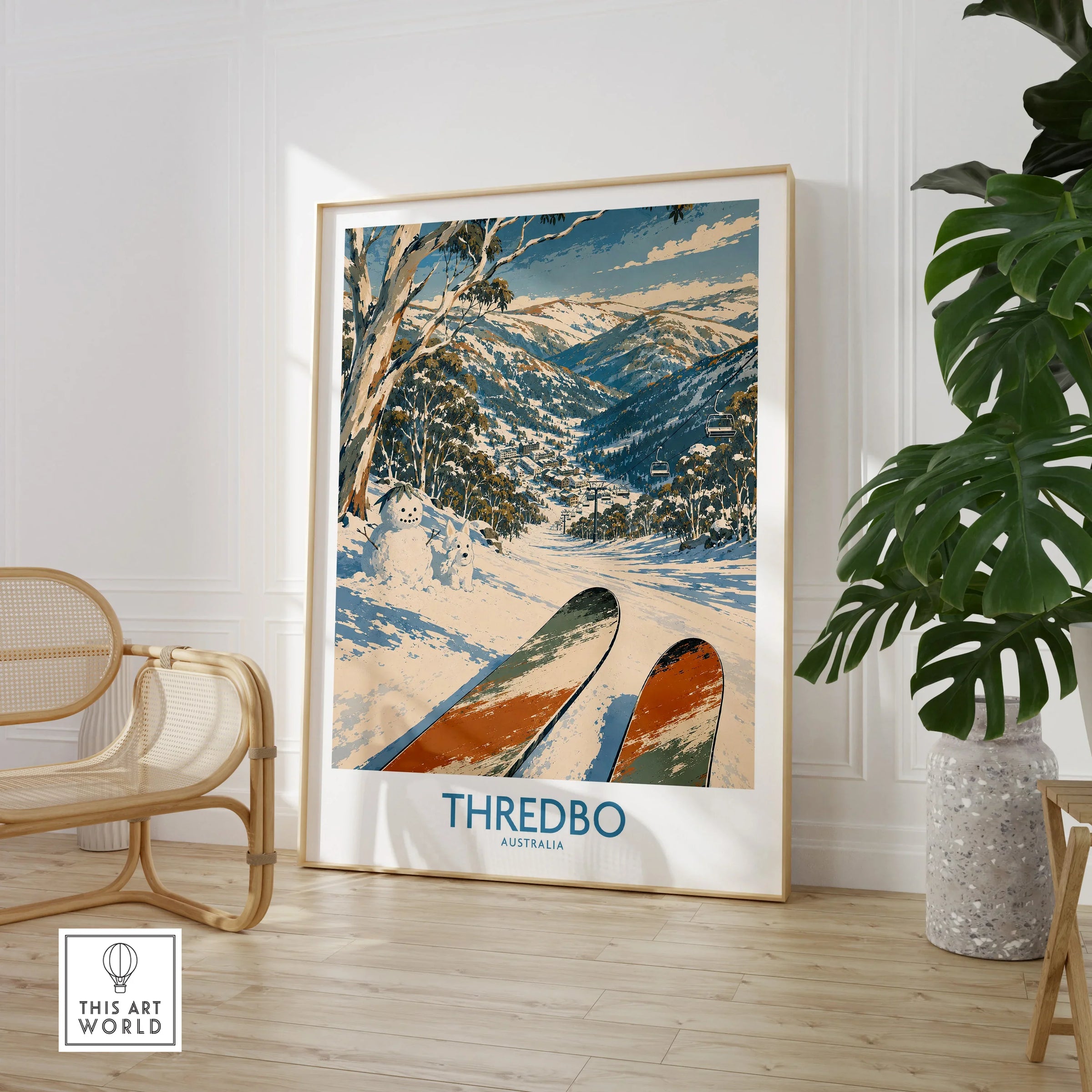 Thredbo Australia Village Wall Art — large framed print room setting chair plant