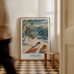 Thredbo Australia Village Wall Art — framed canvas on floor man walking past