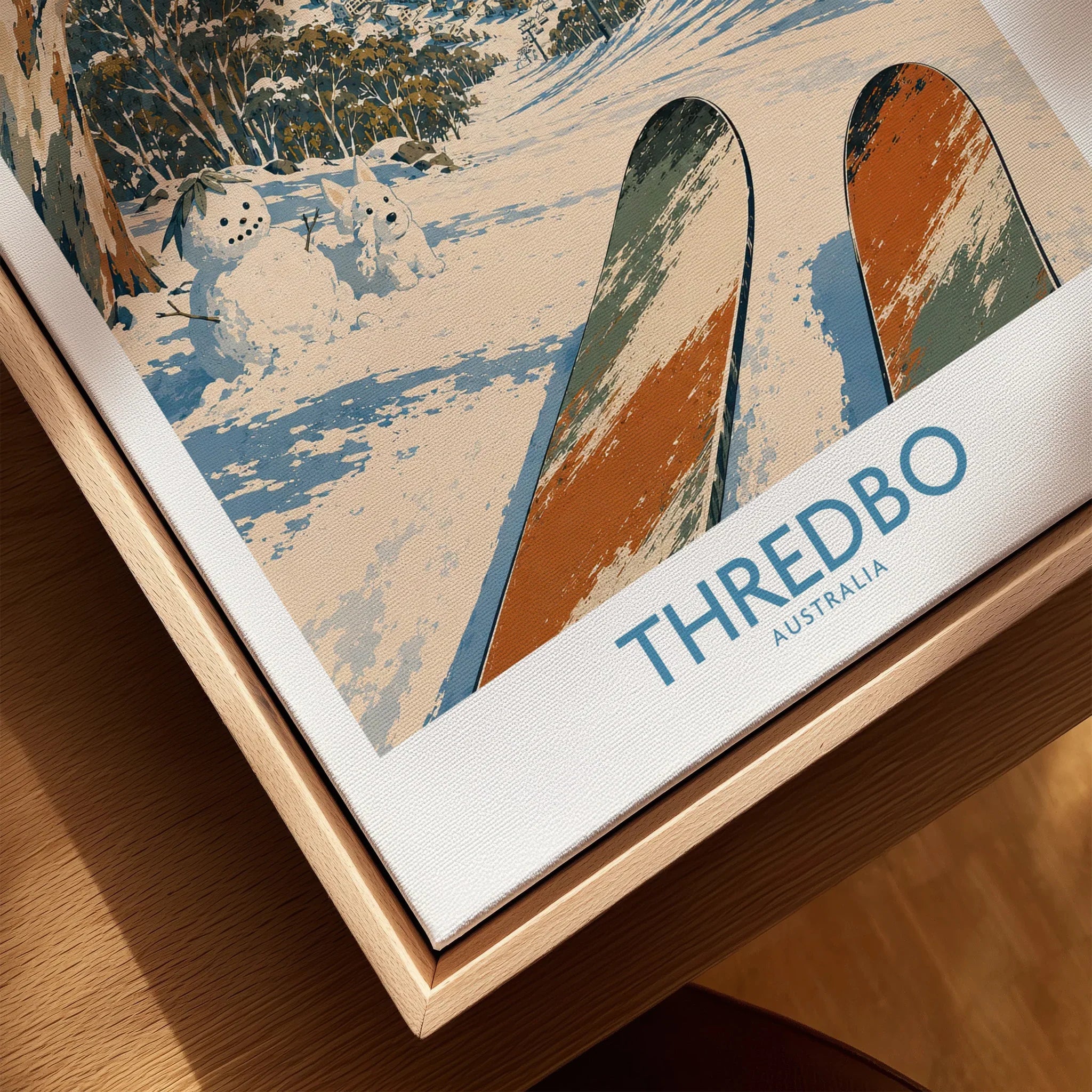 Thredbo Australia Village Wall Art — closeup framed canvas natural wood floating frame