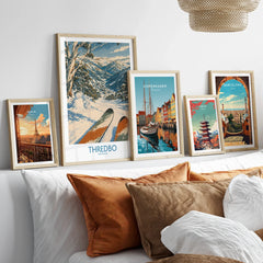 Thredbo Australia Village Wall Art — set five framed artprints above bed natural wood frames