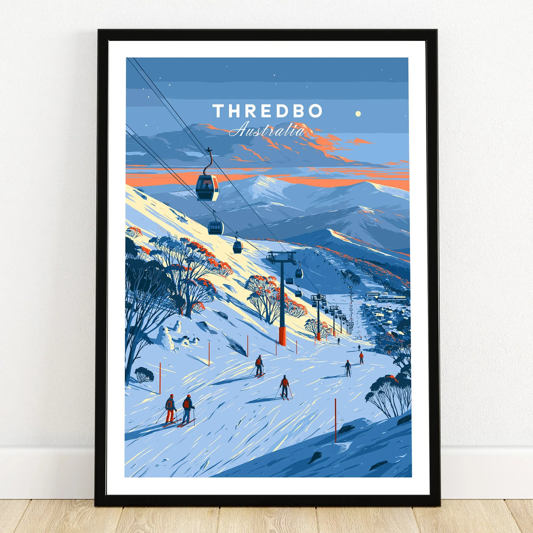 Thredbo Australia Gondola Travel Poster — art print in black frame on wooden floor