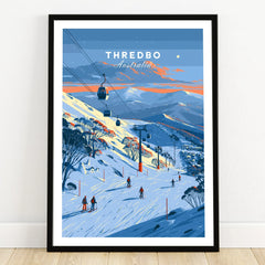 Thredbo Australia Gondola Travel Poster — art print in black frame on wooden floor