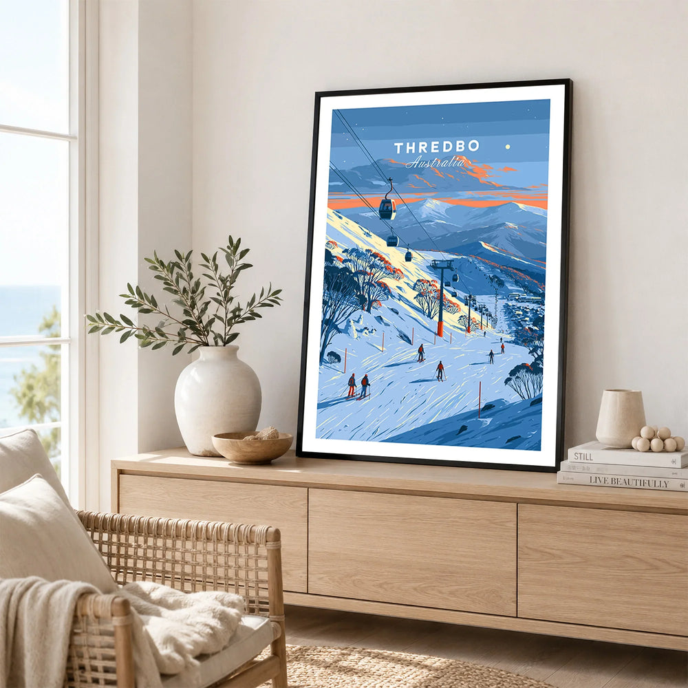 Thredbo Australia Gondola Travel Poster — framed artwork living room lifestyle setting