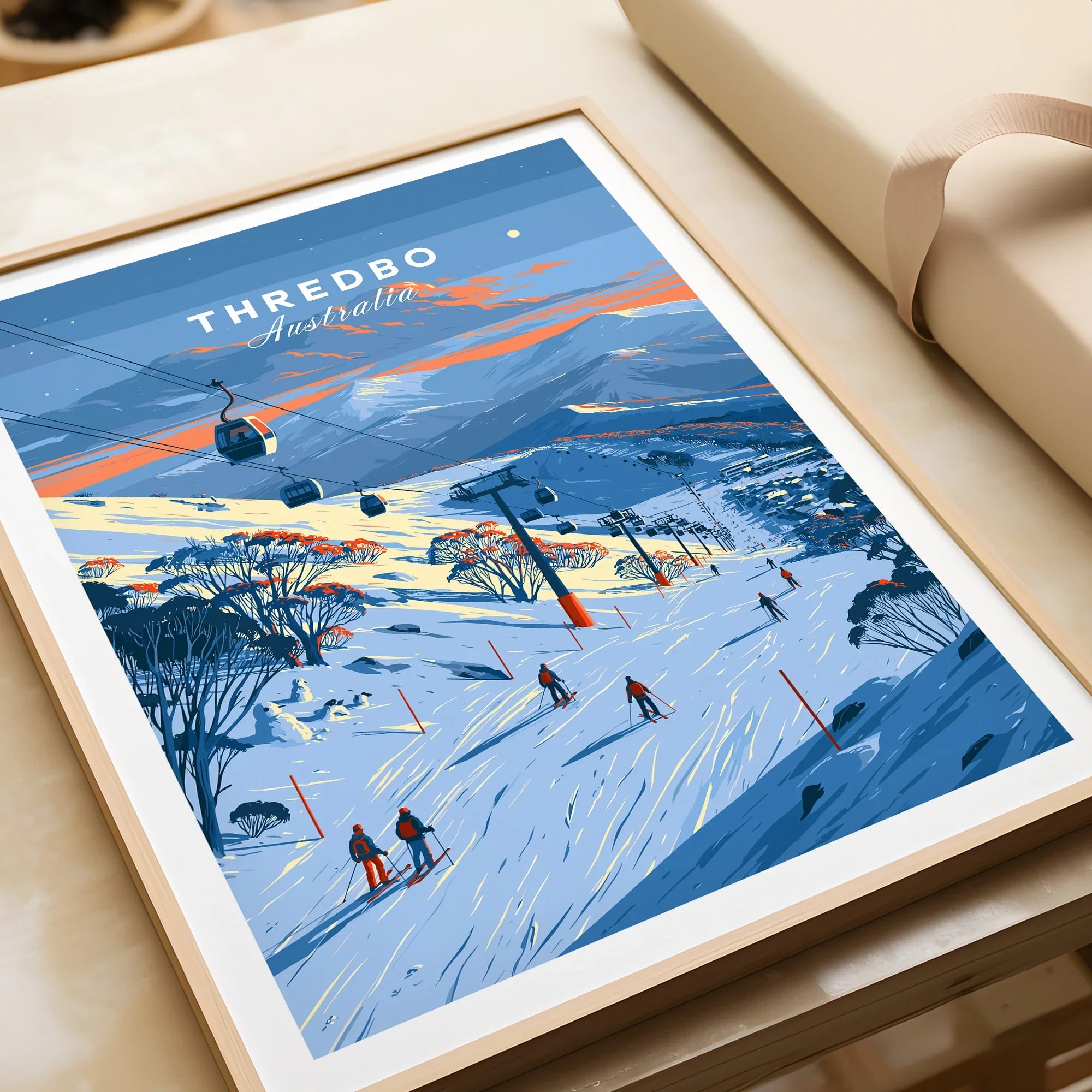 Thredbo Australia Gondola Travel Poster — framed art print closeup gift unwrapped natural frame