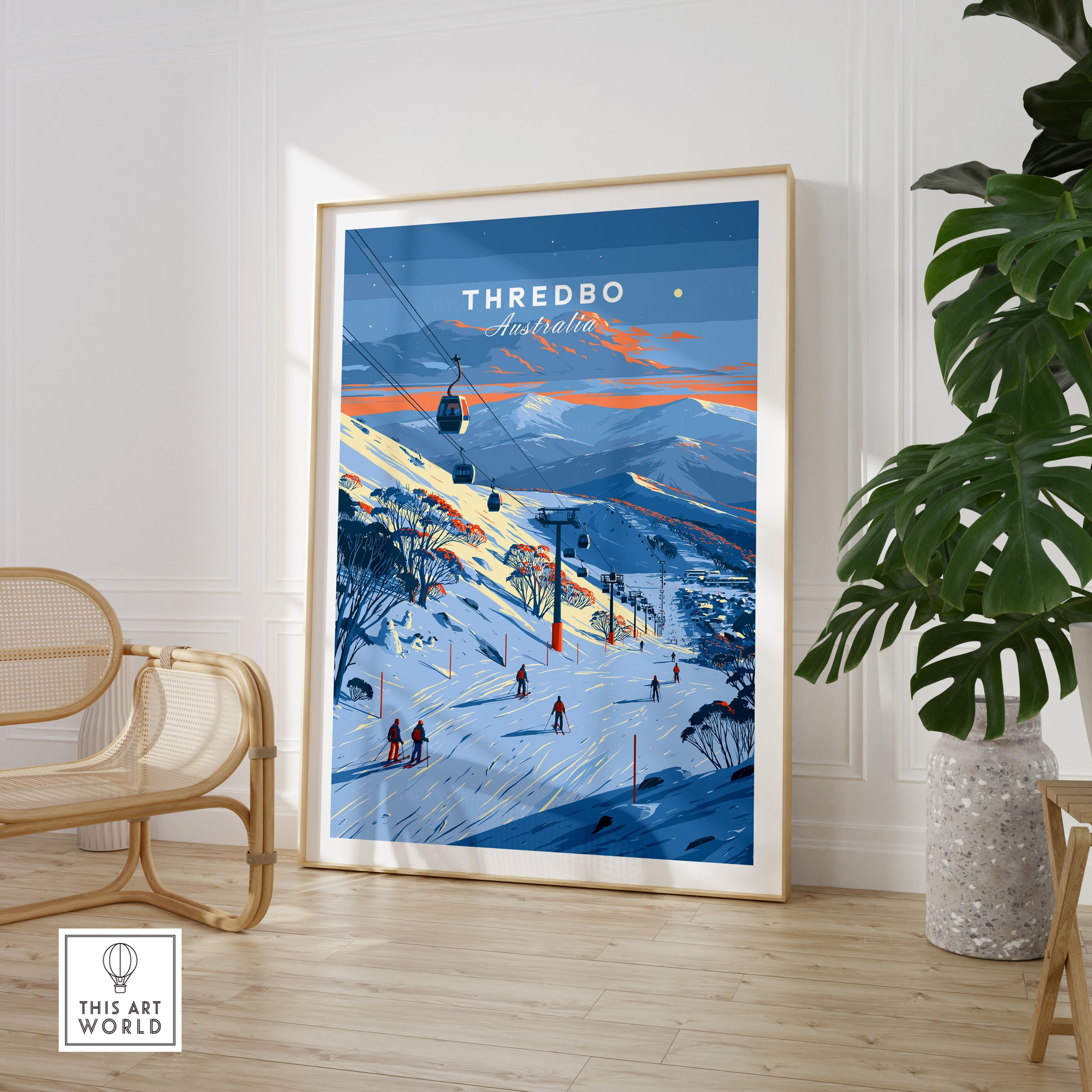 Thredbo Australia Gondola Travel Poster — large framed print room setting chair plant