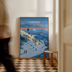 Thredbo Australia Gondola Travel Poster — framed canvas on floor man walking past