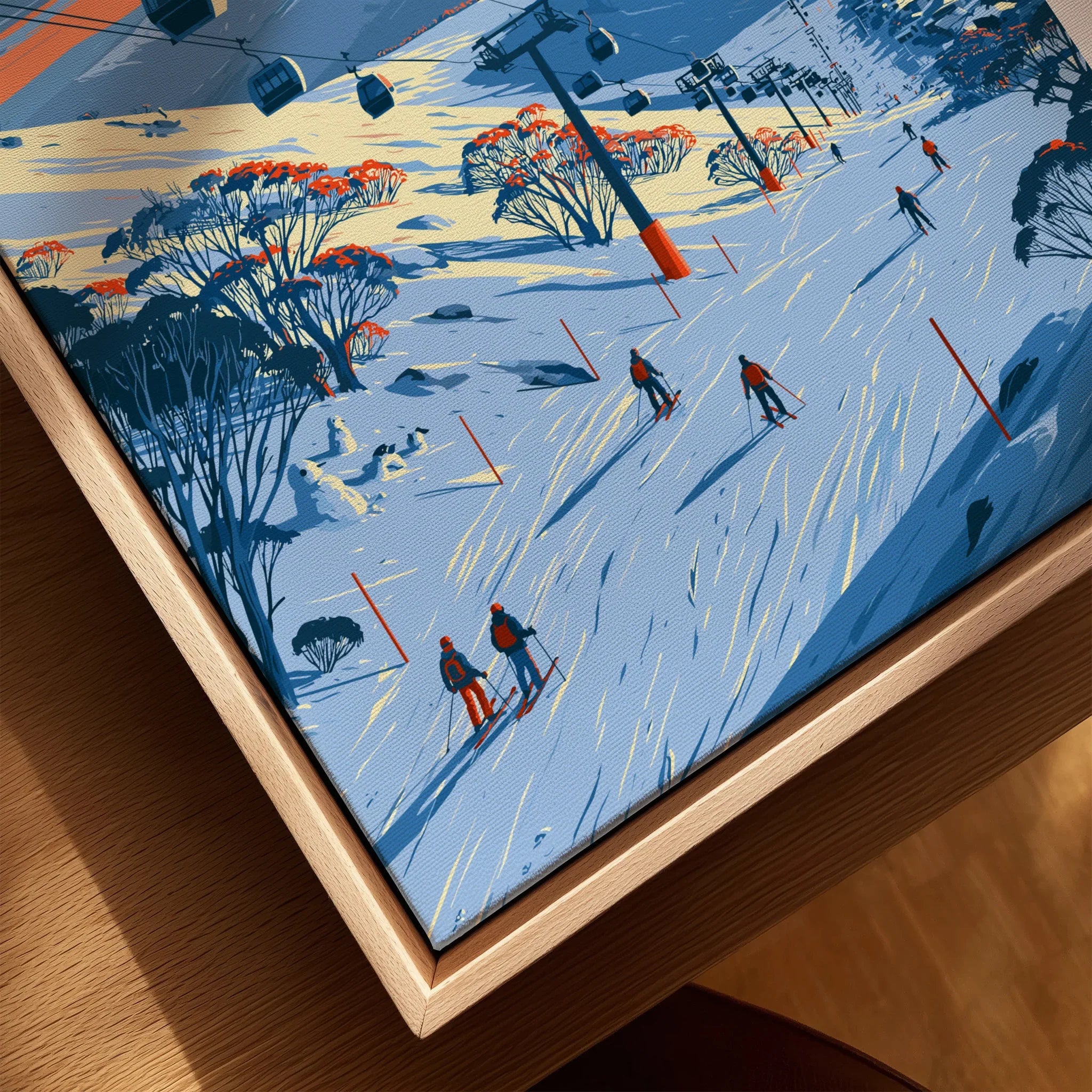 Thredbo Australia Gondola Travel Poster — closeup framed canvas natural wood floating frame