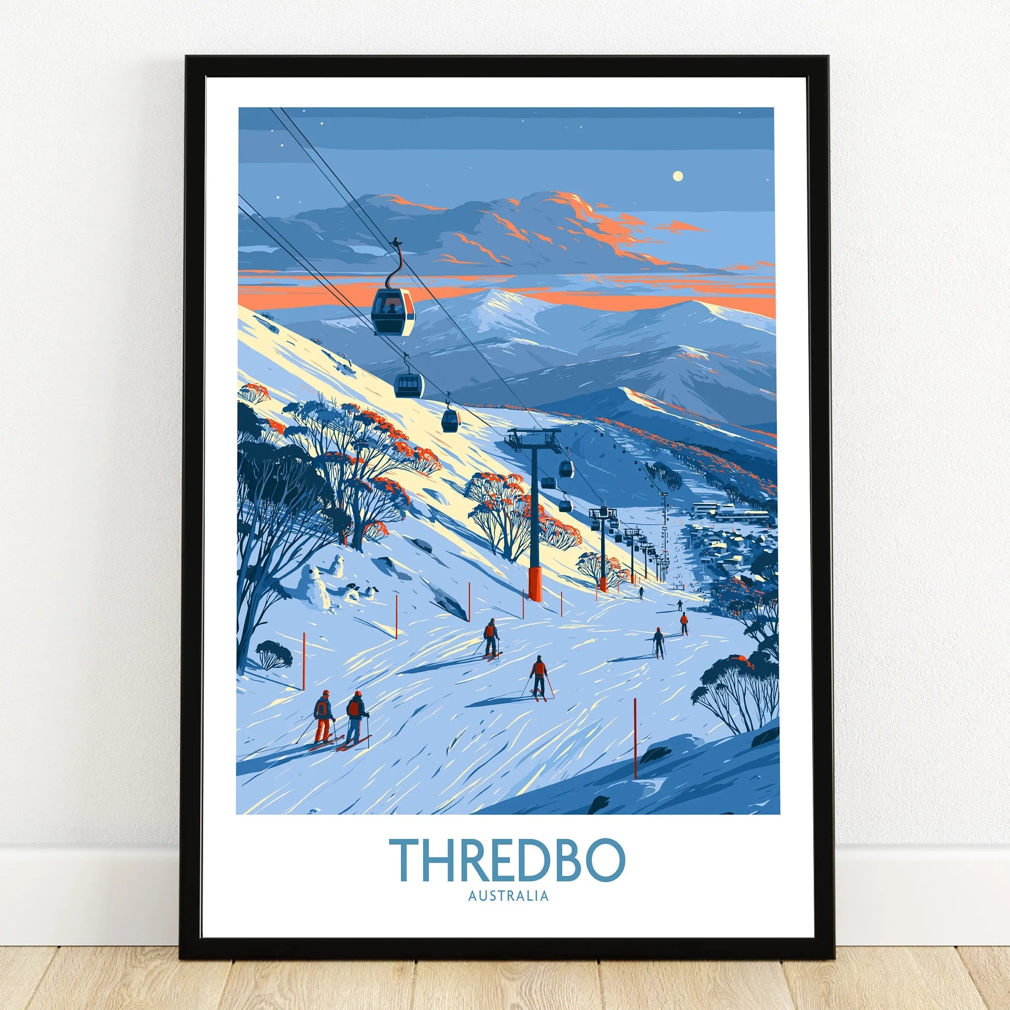 Thredbo Australia Alpine Wall Art — art print in black frame on wooden floor
