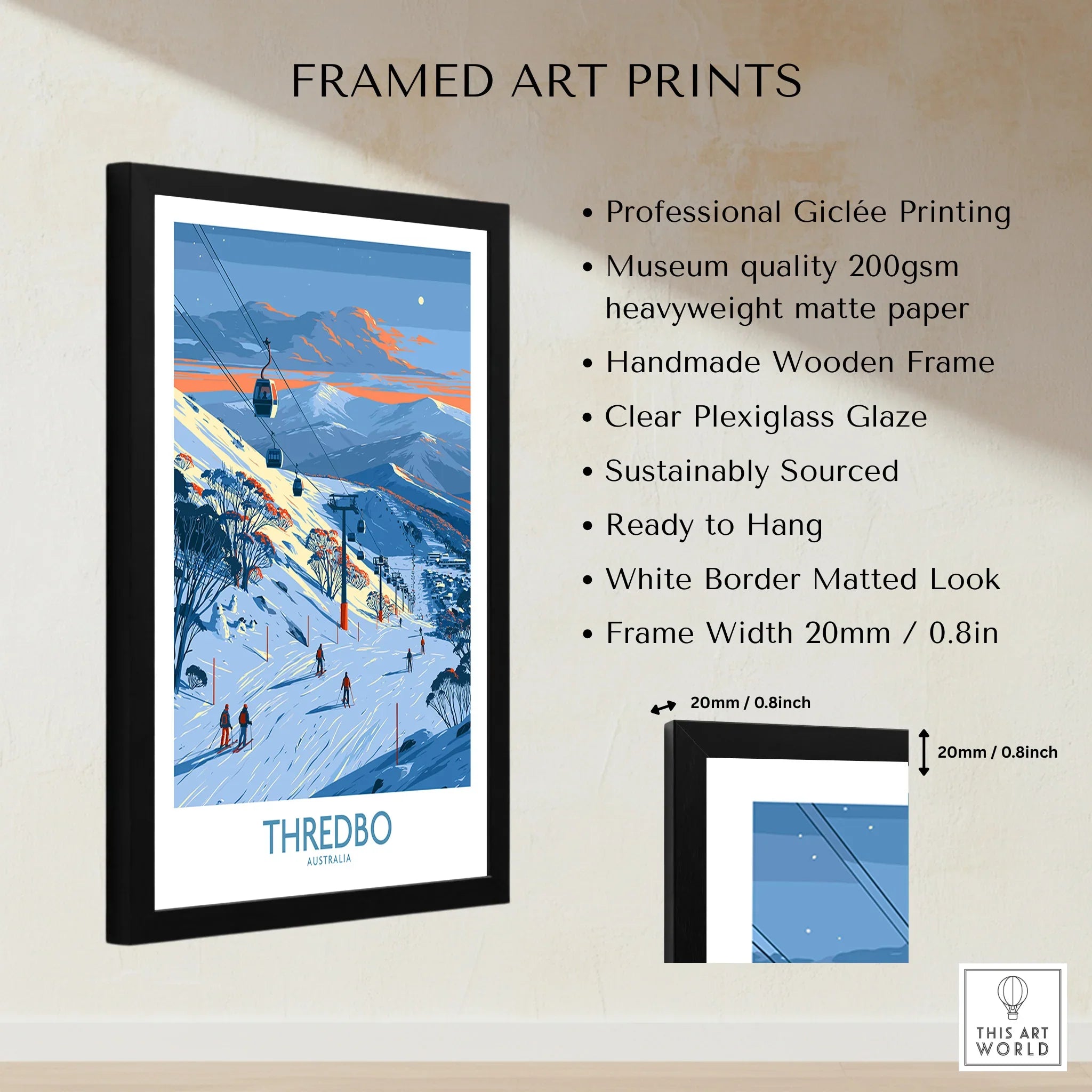 Thredbo Australia Alpine Wall Art — framed print details measurements quality details