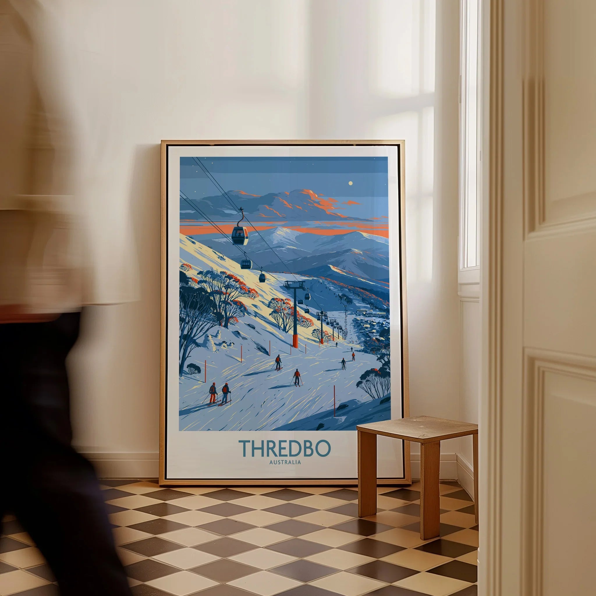 Thredbo Australia Alpine Wall Art — framed canvas on floor man walking past