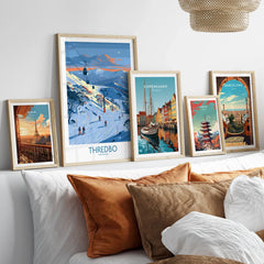 Thredbo Australia Alpine Wall Art — set five framed artprints above bed natural wood frames